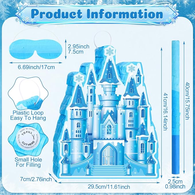 VioraWhite Princess Castle Piñata Blue Princess Birthday Party Supplies Blue Castle Piñata Set with Stick and Blindfold for Girls Kids Magical Wonderland Birthday Party Game Decorations Supplies