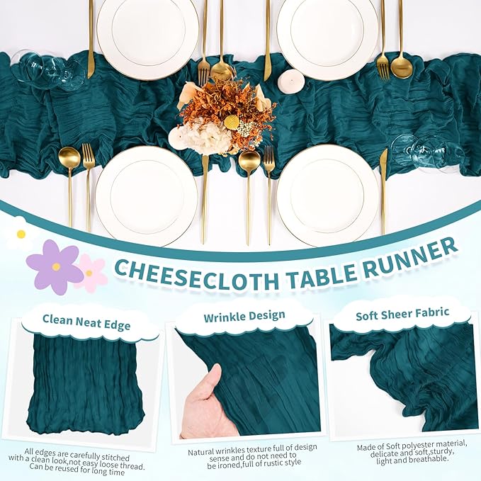 6 Pack Cheesecloth Table Runner,Teal Table Runner Long Romantic Semi Sheer Rustic Boho Gauze Table Runners for Wedding Bridal Shower Birthday Party Decorations(17.7×108 Inch)