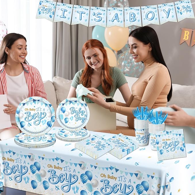 CMUSKO Blue Baby Shower Decorations for Boy, It's a Boy Baby Shower Party Supplies with Baby Boy Plates Napkins Cups Banner Tablecloth for Baby Boy Gender Reveal Baby Shower Party Decor