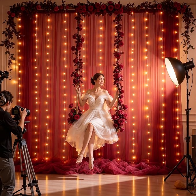 20x10ft Burgundy Tulle Backdrop Curtain with Lights String for Parites, Sheer Backdrop Curtains for Wedding Baby Shower Birthday Party Photo Shoot Decorations