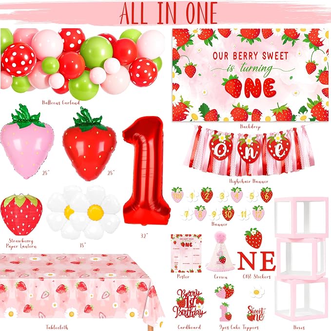 Kriyokiaa Berry First Birthday Decor Strawberry 1st Shortcake Birthday Decorations for Girls with Balloon Arch, Highchair Banner Strawberry Theme Backdrop, Photo Banner, Cake Topper
