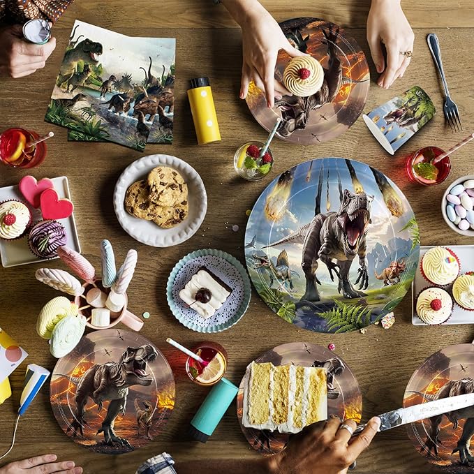 207pcs Dinosaur Party Decorations Plates Napkins Dino World Birthday Supplies Tableware Set Include Plates, Napkins, Cups, Cutlery, Balloon, Banner, Hanging Swirl, Tablecloth for Party Decor Serve 24