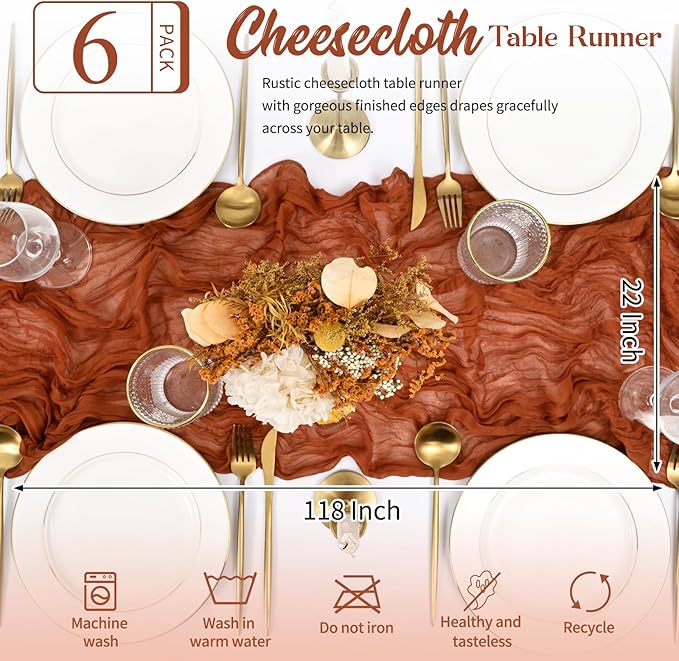 6 Pack Terracotta Table Runner 10FT Long Cheesecloth Table Runner Cheese Cloth Gauze for Wedding Party Birthday Decoration-Terracotta