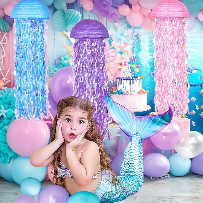 OBXT 10" Mermaid Jellyfish Lanterns – Pink Purple Blue Decorations for Ocean Princess Birthday Party, Under the Sea Theme, Baby Shower, Ocean & Beach Room Hanging Decor (Set of 6)