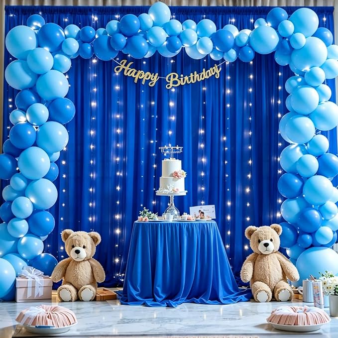 10ft x 10ft Royal Blue Chiffon Backdrop Curtain with Lights String for Parties,2 Panels Sheer Tulle Curtain Wedding Backdrop for Baby Shower Birthday Party Ceremony Reception Home Decorations