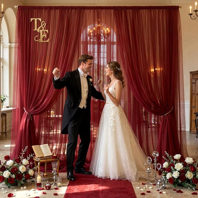 10x10ft Burgundy Tulle Backdrop Curtain for Parites, Sheer Photo Backdrop Drapes for Wedding Baby Shower Bridal Shower Birthday Party Photo Shoot Background Decorations