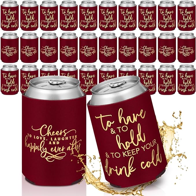 Qinyoung 50 Pieces Burgundy Wedding Can Cooler Sleeves Bulk Engagement Party Favors for Guests Cheers to Love Laughter and Happily Ever After Rehearsal Dinner Decorations for Wedding Bridal Parties
