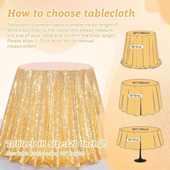 B-COOL Gold Tablecloth Party Decoration: 120 Inch Round Table Cloth Sequin Fabric Overlay for Outdoor Dining Cocktail Parties