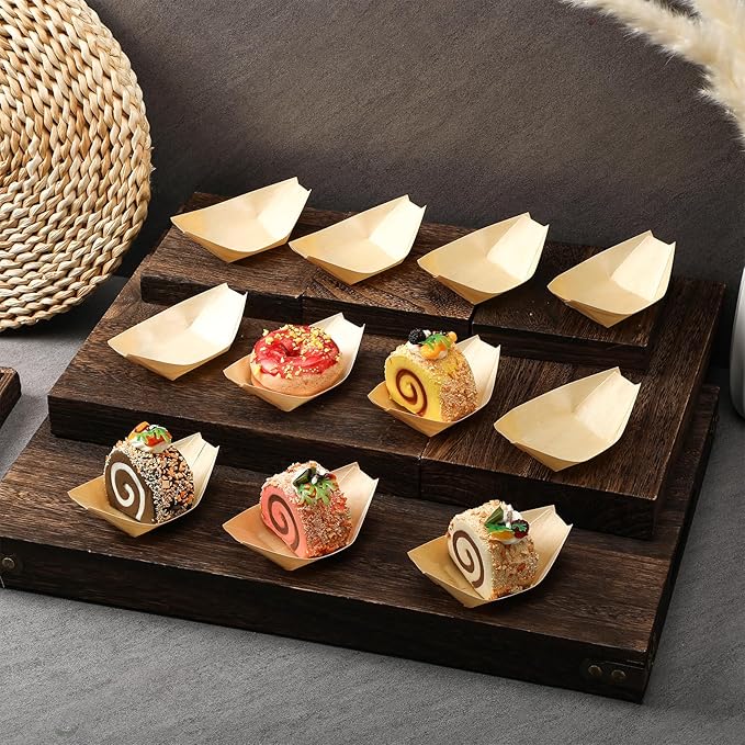 Hoolerry 300 Pcs Disposable Wood Boat Plates Dishes 4 Inches Bamboo Plates Sushi Boat Disposable Bamboo Leaf Dish Serving Tray Food Container Wood Bowl For Catering Home