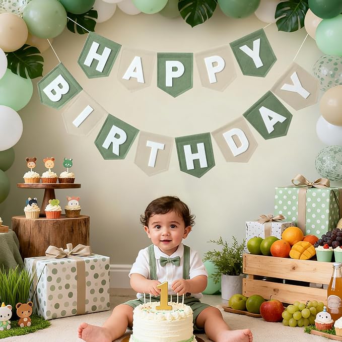 Felt Green Khaki Happy Birthday Banner Birthday Decorations for Women Girls Boys Men Pets Handmade Party Backdrop