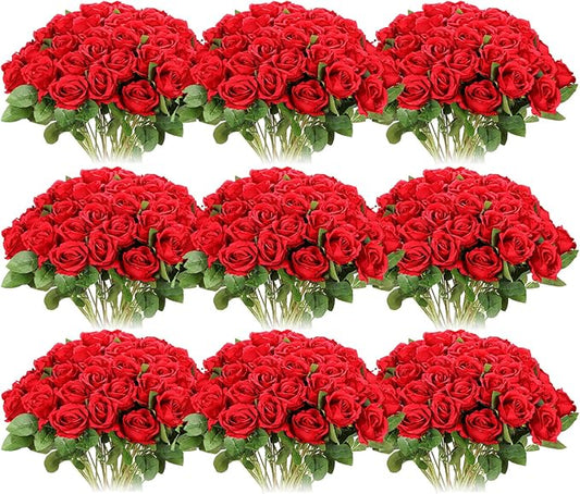 Jexine 100 Pieces Artificial Roses Flowers Bulk, Long Stem Realistic Fake Silk Roses Bouquet for Table Centerpiece Vases Wedding Party Kitchen Decor(Red)