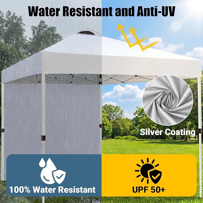 10x10 Pop Up Canopy Tent with One Sidewall, Instant Folding Outdoor Shelter with Air Vent, High Strength Steel Frame and Handheld Carry Bag for Backyard Party, Camping, White