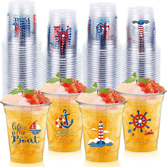 FoldTier 50 Pcs Nautical Cups 12 oz Plastic Nautical Birthday Cups Clear Navigation Disposable Glasses Blue Anchor Beverage Glasses for Home Kitchen Birthday Party Favors Supplies Decoration