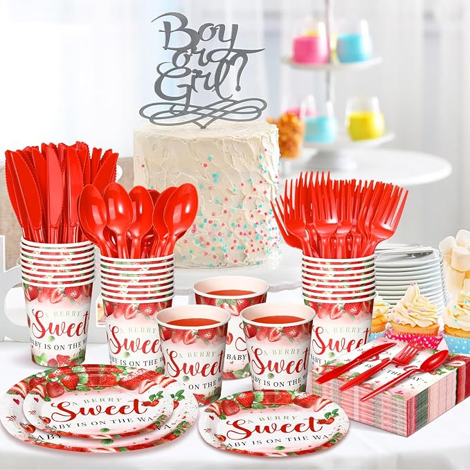 Dandat 350 Pcs Baby Shower Plates Set Baby Shower Party Supplies Serves 50 Tableware Sets Include Plates Napkin Cup Forks Knives Spoons Disposable Dinnerware(Strawberry,Red)