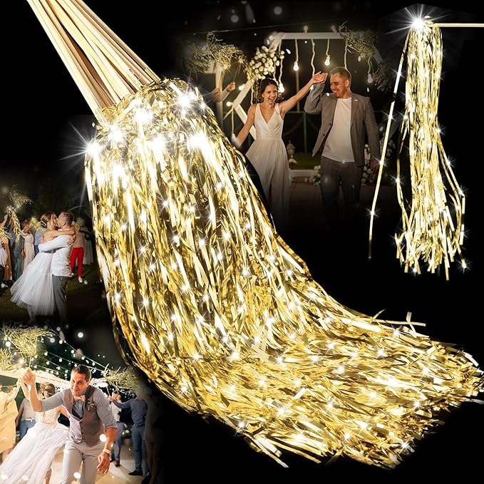 Simgoing 100 Pcs Lighted Wedding Wands LED Tinsel Wands Light up Streamers Sparklers for Wedding Send Off and Exits Birthday Party Props Favors(Gold)