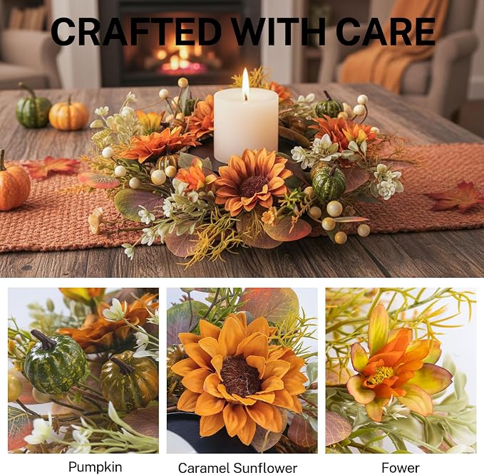 MOYEE Autumn Centerpieces for Tables Candle Ring, Black Metal Candlestick with an Artificial Wreaths 14 in Versatile Dining Table Centerpiece Decor (Sunflower Wreath)