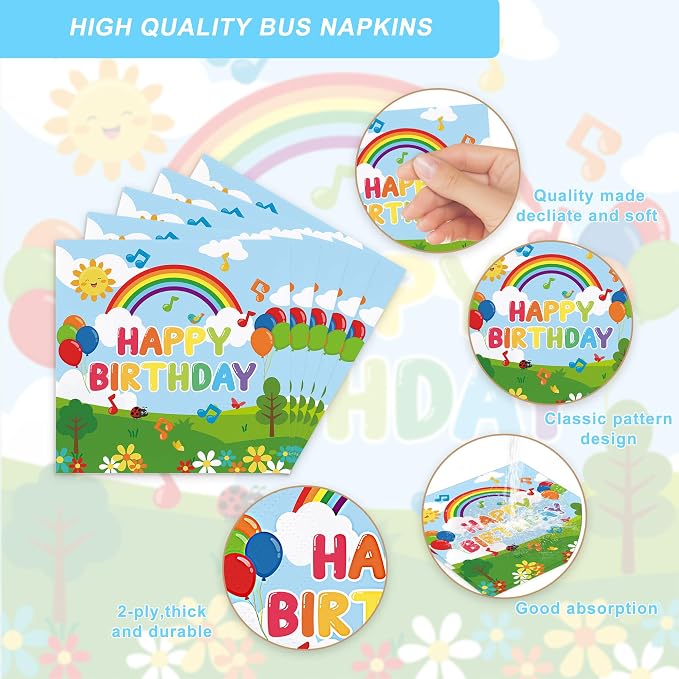 120PCS Cartoon Melon Birthday Party Supplies for Boys and Girls 1st 2rd Birthday Party School Bus Rainbow Watermelon Tableware Set Napkin Cups Forks Knives for 20 Guests