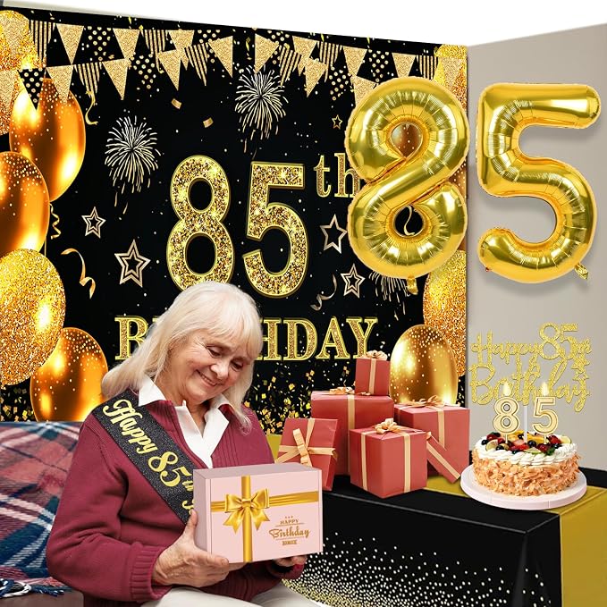 85th Birthday Decorations Men Women with 85th Birthday Banner, Black and Gold Table Cloth, Number Balloons, Sash, Cake Topper and Candles