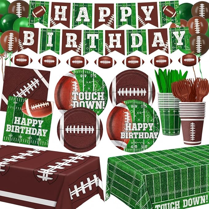 Football Birthday Party Decorations Includes Plates, Napkins, Cups, Banner, Balloons, Touchdown Tablecloth for Football Birthday & Tailgate Party Decorations, Serves 24