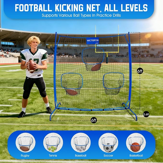Football Throwing Net, Upgrade Heavy Duty Metal Frame Quarterback Training Equipment Throwing Machine with 1-4 Targets, Easy Setup Football Target Practice with CarryBag, Allweather Indoor Outdoor Use