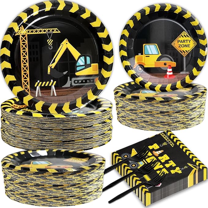 Construction Party Plates and Napkins Serves 50, Construction Birthday Supplies 200 Pcs Tableware Set Dump Truck Party Table Decorations Supplies Paper Plates Napkins Forks