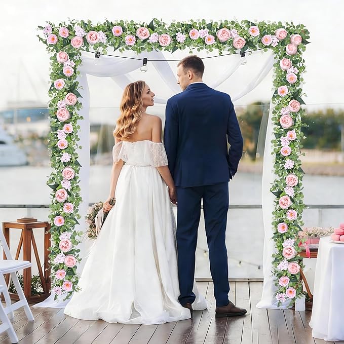 Betylifoy 2 Pack 12Ft Pink Flower Garland Artificial Eucalyptus Flower Garlands Fake Peony Rose Floral Vines Silk Hydrangea Hanging Vine Greenery Garland for Wedding Party Table Wall Backdrop Decor