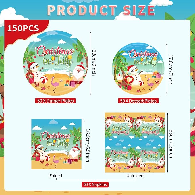 150Pcs Christmas in July Plates and Napkins - Merry Christmas Dinner Dessert Paper Plates Napkins Tableware Set for Hawaiian Beach Summer Xmas Decorations Party Supplies Tables Decor Favors,Serves 50