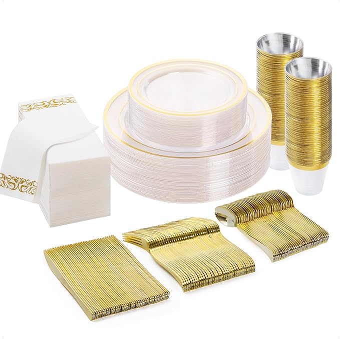 BESTVIP 175PCS Clear Gold Disposable Dinnerware Set for 25 Guests, Plastic Plates for Party, Wedding, Christmas, Include: 50Plastic Plates, 25 Gold Silverware, 25 Cups, 25 Napkins