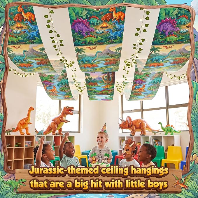 Gilprop 3 Pcs Dinosaur Themed Ceiling Decorations, 2 x 12 ft Hanging Fabric Ornaments, Prehistoric Style Party Supplies for Birthday Baby Shower Classroom Photo Backdrop & Various Events