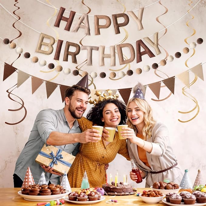 Kriyokiaa Pre-Strung Felt Happy Birthday Banner Retro Brown Happy Birthday Party Decorations with Pom Pom Garland, Flag and Hanging Swrils for Women Men Boys Girls Party Decor