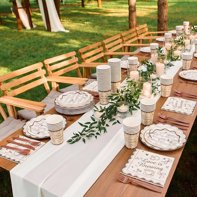 Ziliny 280 Pcs Love Is Brewing Bridal Shower Decorations Disposable Tableware Set Coffee Theme Paper Plates Napkins Plastic Knives Forks Spoons for Bachelorette Party Supplies Baby Shower Serves 40