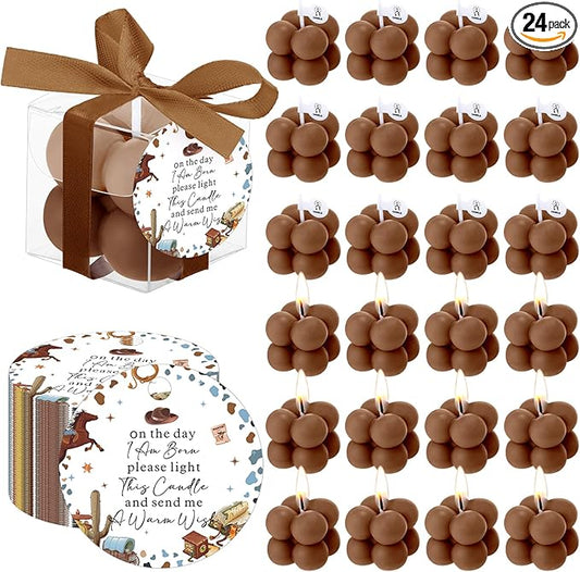 MTLEE 24 Sets Cowboy Baby Shower Favors Small Bubble Candle Baby Shower Favors for Guests Tea Candles Bulk with Stylish Ribbons Cards Gifts Party Decorations