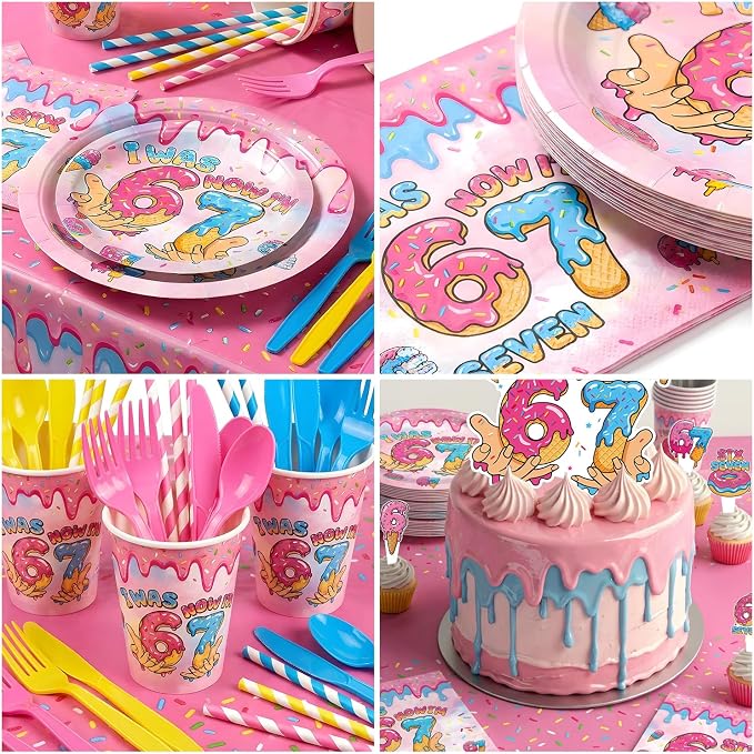 244 PCS Hand-Drawn 6 7 Birthday Decorations for 24 Guests, I Was 6 Now I'm 7 Birthday Party Supplies Set with Plates, Cups, Napkins, Banner & Balloons, Donut Ice Cream Birthday Decorations for Kids