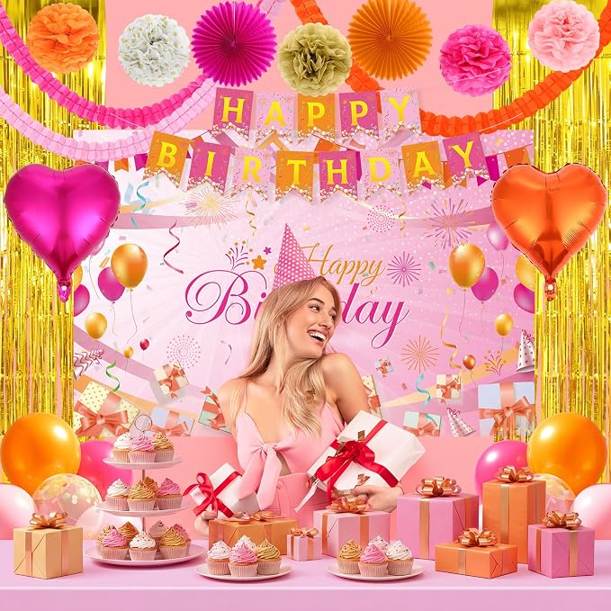 Huwena Pink and Orange Party Decorations Hot Pink and Orange Birthday Decorations with Banner Balloons Garlands Heart Foil Paper Flowers Paper Fans Fringe Curtains Tablecloths Backdrop for Women Girls