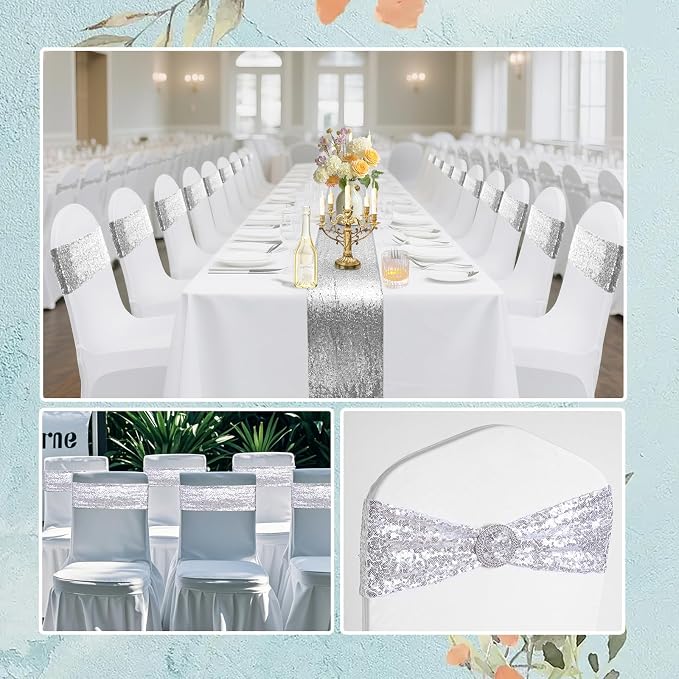 54 Pieces of Silver Sequin Chair Ribbons and Table Runners, 48 Sequin Chair Bows, 6 Glitter Table Runners, Suitable for Wedding Parties Birthday Meeting Events Decorations (Silver)