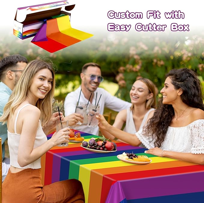 Kochorie 100 Ft x 54 Inch Rainbow Tablecloth Roll with Cutter Box Gay Pride Tablecloth Cut to Size Table Cover Disposable Rainbow Pride Backdrop for Indoor Outdoor Events Party Supplies