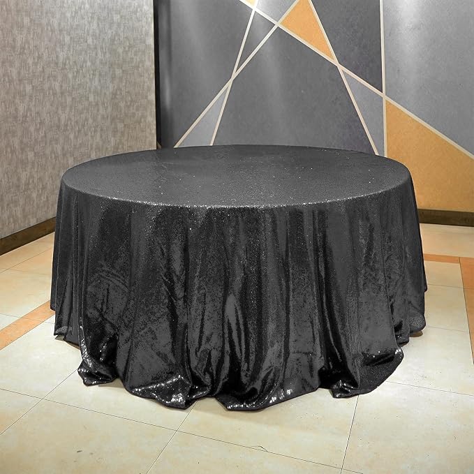 Sequin Tablecloth 108" Round Black Table Cloth Glitter Tablecloth Sparkly Drape Table Covers for Halloween Wedding Birthday Ceremony Party Baby Bridal Shower Decorations