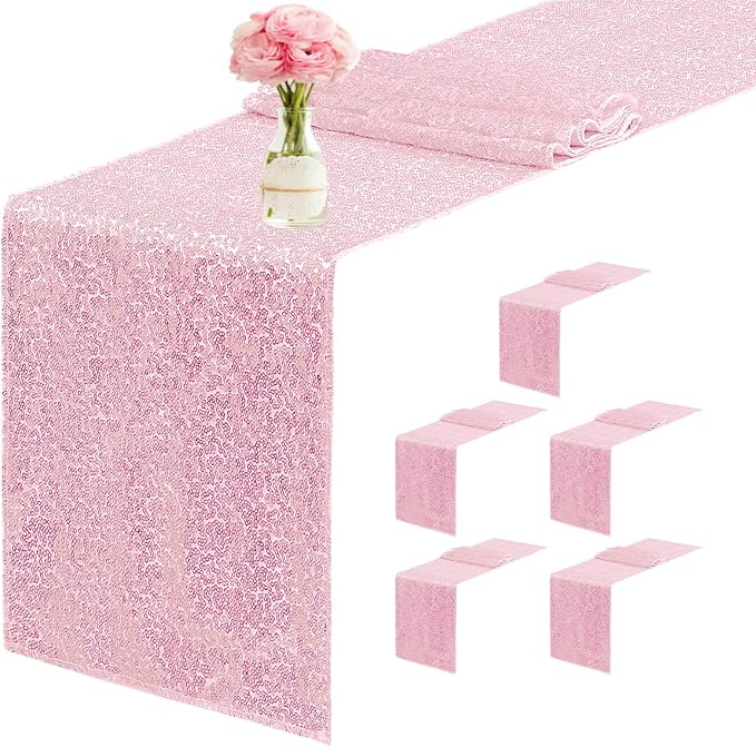 6 Packs 12 x 72 inches Sequin Table Runner, Pink Glitter Table Runner for Birthday Party Supplies Wedding Engagement Baby Shower Holiday Celebration Event Decorations