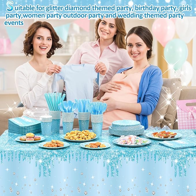 Funnymoom 452 Pcs Light Blue Party Decoration Include Glitter Baby Blue Paper Plates Napkins Cups Tablecloth Cutlery Straws Tableware for Baby Shower Birthday Wedding Graduation Party Supplies