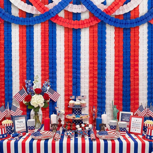 Epakh 12 Pcs Red Blue White Streamers Garland 9.84 ft Memorial Day Four Leaf Clover Paper Chain Garland Banner American 4th of July Party Decoration for 250th Anniversary Independence Day