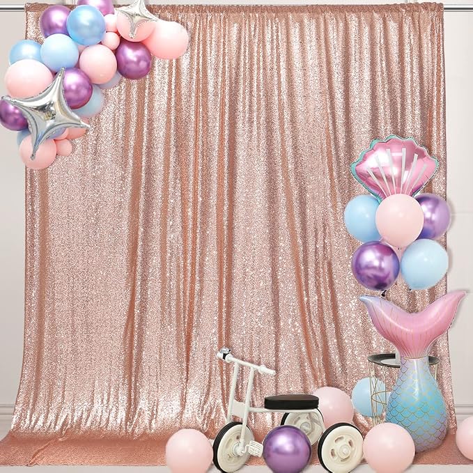 PartyDelight Rose Gold Sequin Backdrop 8x8ft 4 Inch Rod Pocket | 3mm stitched rose gold sequins on mesh backing with 4 inch rod pocket for group photos wedding walls stages and banquet focal