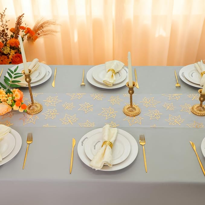Snowkingdom 2 Pcs Gold Table Runner, Gold Maple Leaves Fall Thanksgiving Table Decorations for Autumn Harvest Sequin Glitter Lightweight White Thin Mesh Sparkle Farmhouse Dining Party Decor 108 Inch