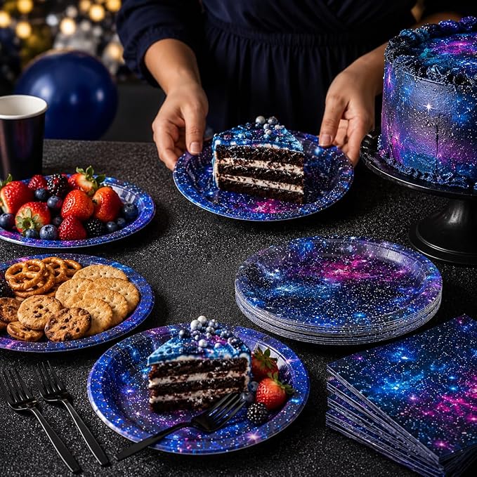 Space Galaxy Party Supplies Tableware Set Outer Space Birthday Party Decorations Starry Night Planet Solar System Paper Plates Napkins Forks for 24 Guests
