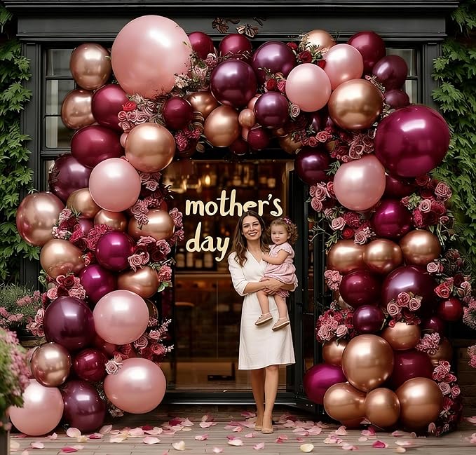 Burgundy Pink Balloon Arch Double Stuffed Dark Ruby Red Pink Plum Gold Balloon Garland Kit Maroon Balloons for Wedding Bridal Shower Birthday Mother's Day Graduation Engagement Anniversary Party Decor