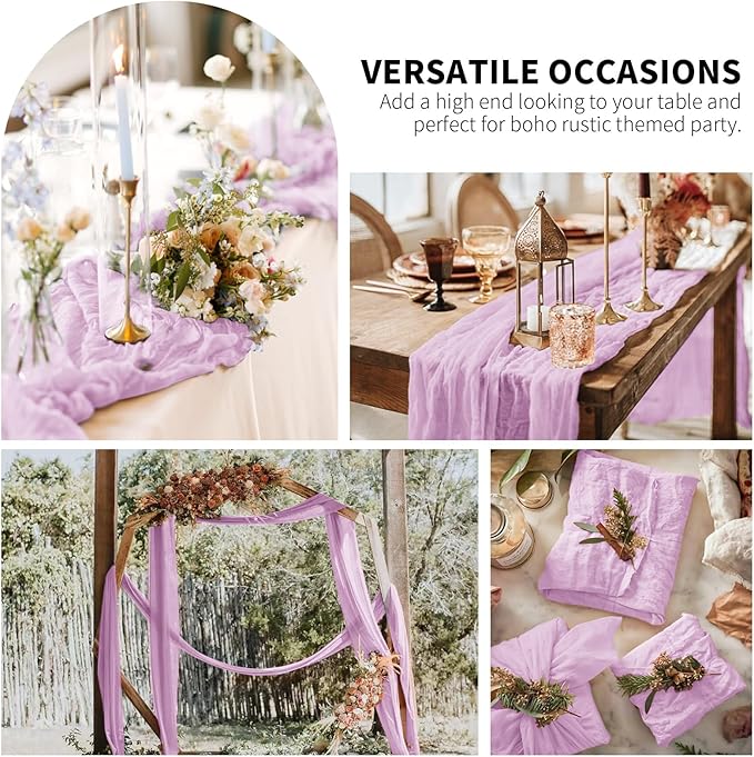 6 Pack Cheesecloth Table Runner,Light Purple Table Runner Long Romantic Semi Sheer Rustic Boho Gauze Table Runners for Wedding Bridal Shower Birthday Party Decorations(17.7×108 Inch)