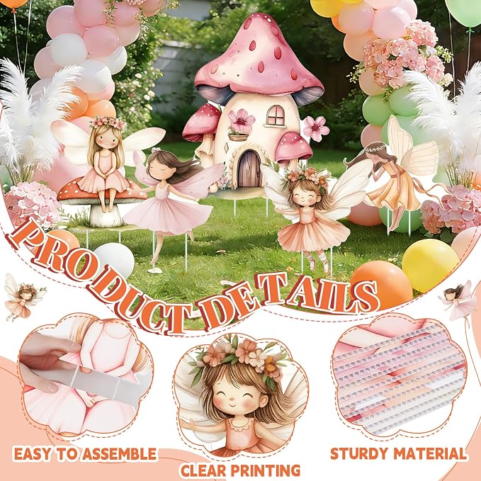 Fairy First Birthday Decoration 5PCS Floral Fairy Princess Cardboard Cutout Pink Stand Up Prop Mushroom Door Backdrop Yard Stake for Enchanted Woodland Fairytale Party Decor