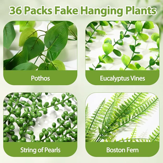Daifunli 60 Pcs Artificial Hanging Plants Fake Hanging Ferns Plastic Fake Plant for Wall Room Garden Garland Indoor Outdoor Decor No Basket (Boston,Eucalyptus,Ivy Vine,String of Pearls)