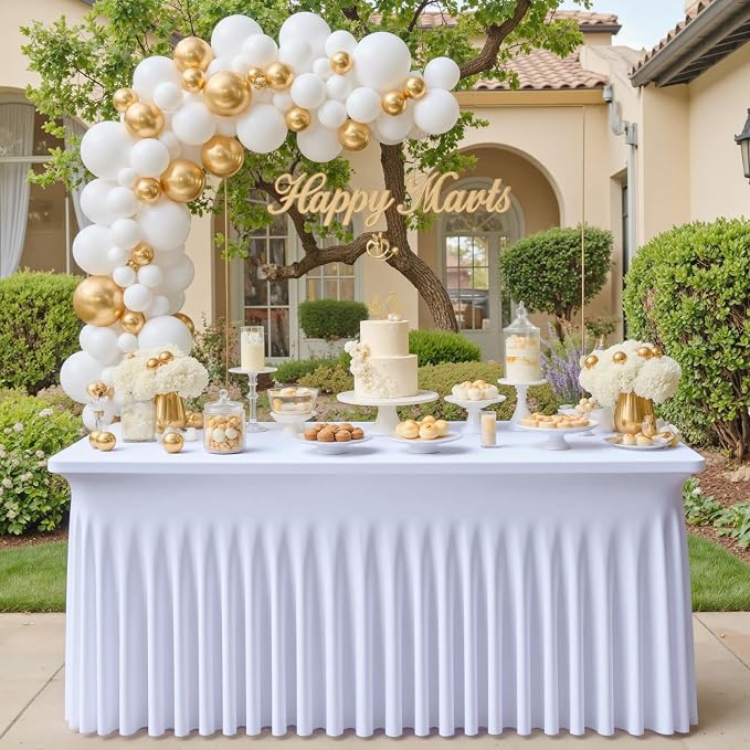 NSSONBEN 6 Pack White Spandex Tablecloth for 6 Foot Rectangle Tables,Wrinkle Free High Stretch Fitted Table Cloths 6ft, Elastic Spandex Table Covers 6ft with Pleats Skirt for Party Wedding Banquet