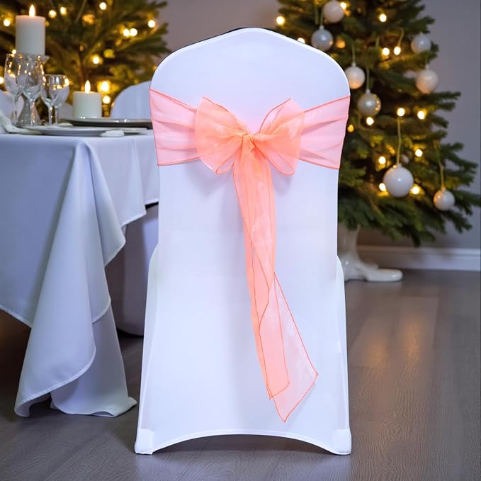 MDS® Pack of 25 Organza Chair Sashes for Wedding Decoration, Reusable Sheer Chair Bows for Banquet Chair Cover, Reception, Bridal Shower, Baby Shower, Birthday Party & Special Events - Light Orange