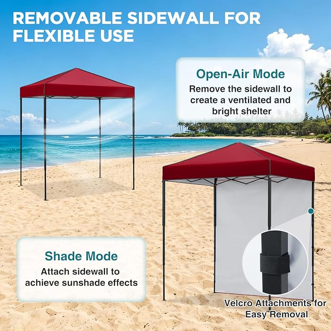 EAGLE PEAK 6x4 Instant Pop Up Canopy Tent with 1 Side Wall Panel, Straight Leg Sun Shelter, Portable Canopy with Carry Bag for Camping, Beach & Sports, Burgundy